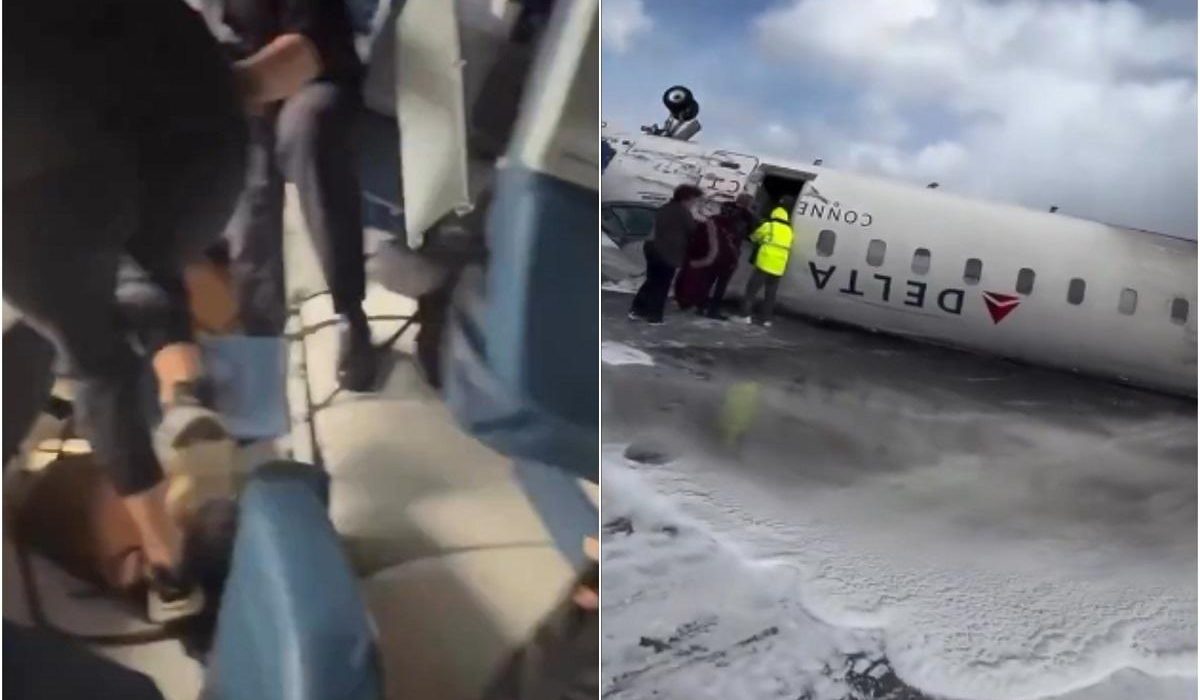 Eram cu capul in jos atarnand ca liliecii Pasager al avionului prabusit in Toronto filmat in timpul salvarii din aeronava rasturnata