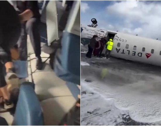 Eram cu capul in jos atarnand ca liliecii Pasager al avionului prabusit in Toronto filmat in timpul salvarii din aeronava rasturnata