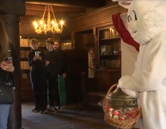 Castelul lui Dracula asaltat de turisti copii intampinati de Iepuras si provocati sa caute oua