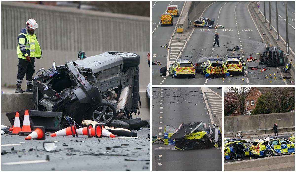 Cinci masini de politie distruse si autostrada inchisa dupa accident