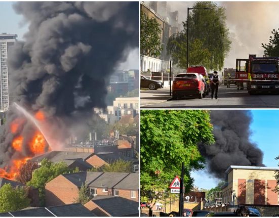 Momentul in care un bloc arde dupa explozia unei statii electrice in Londra 80 de evacuati