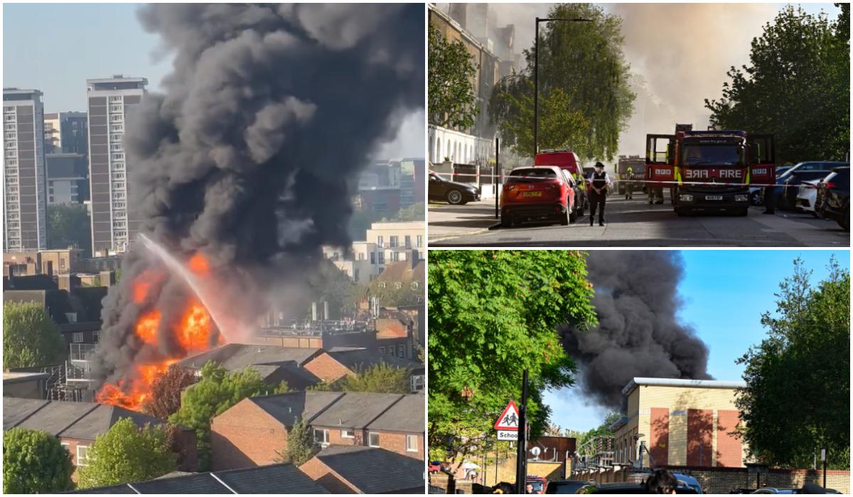 Momentul in care un bloc arde dupa explozia unei statii electrice in Londra 80 de evacuati