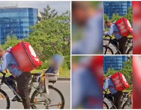 Imagine emotionanta in Bucuresti Livrator cu copil adormit pe bicicleta