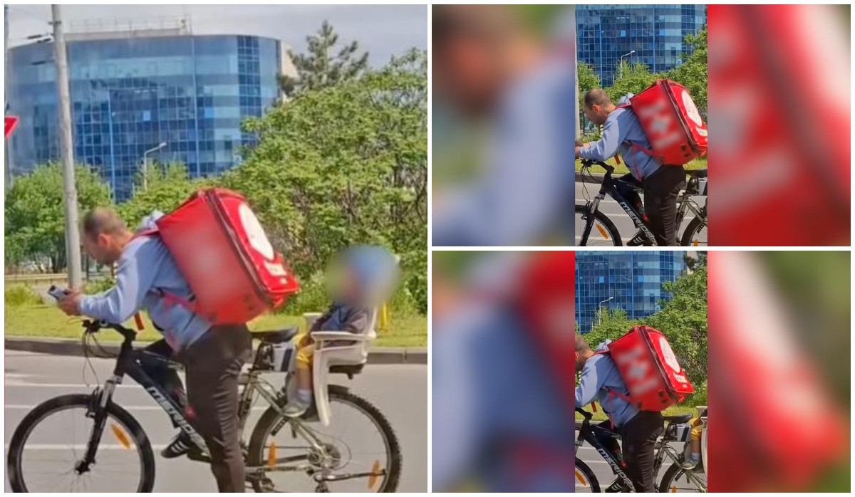 Imagine emotionanta in Bucuresti Livrator cu copil adormit pe bicicleta