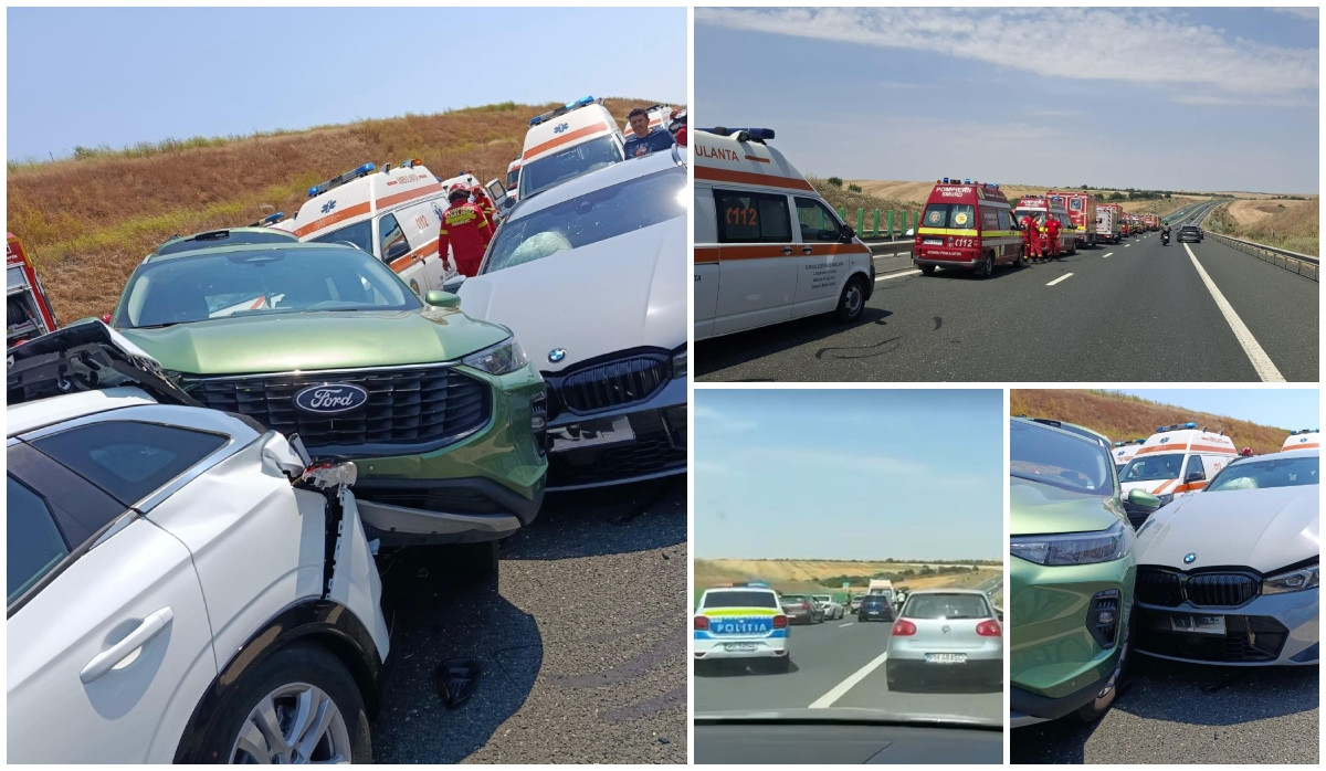 Carambol cu 6 masini pe A2 14 adulti si 2 copii raniti