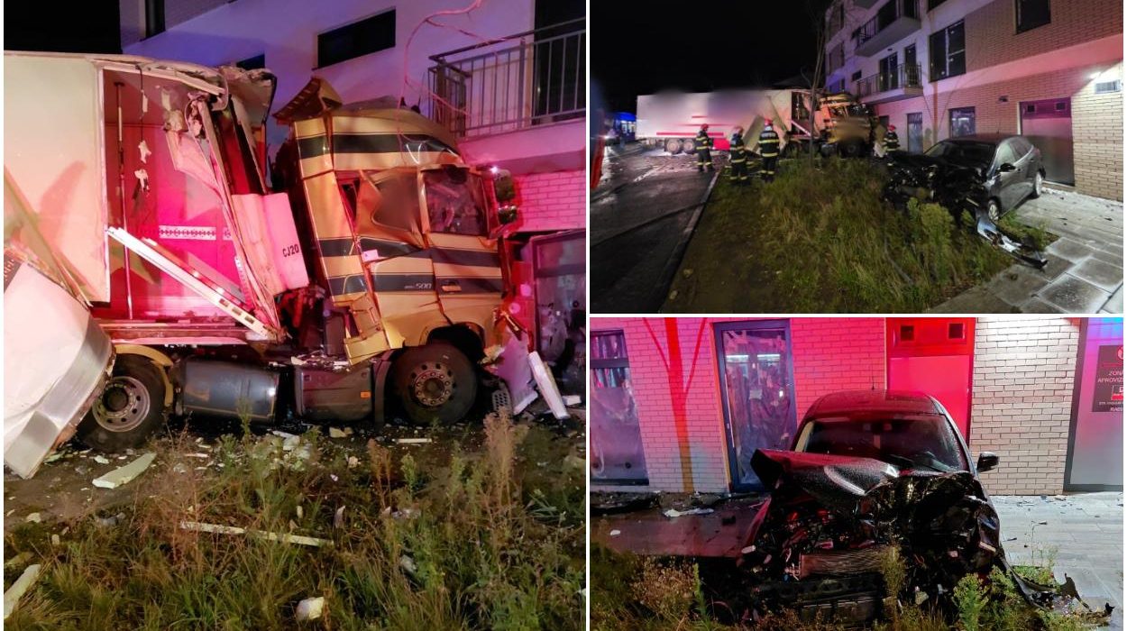 Sofer de TIR a distrus doua masini si un stalp in Cluj
